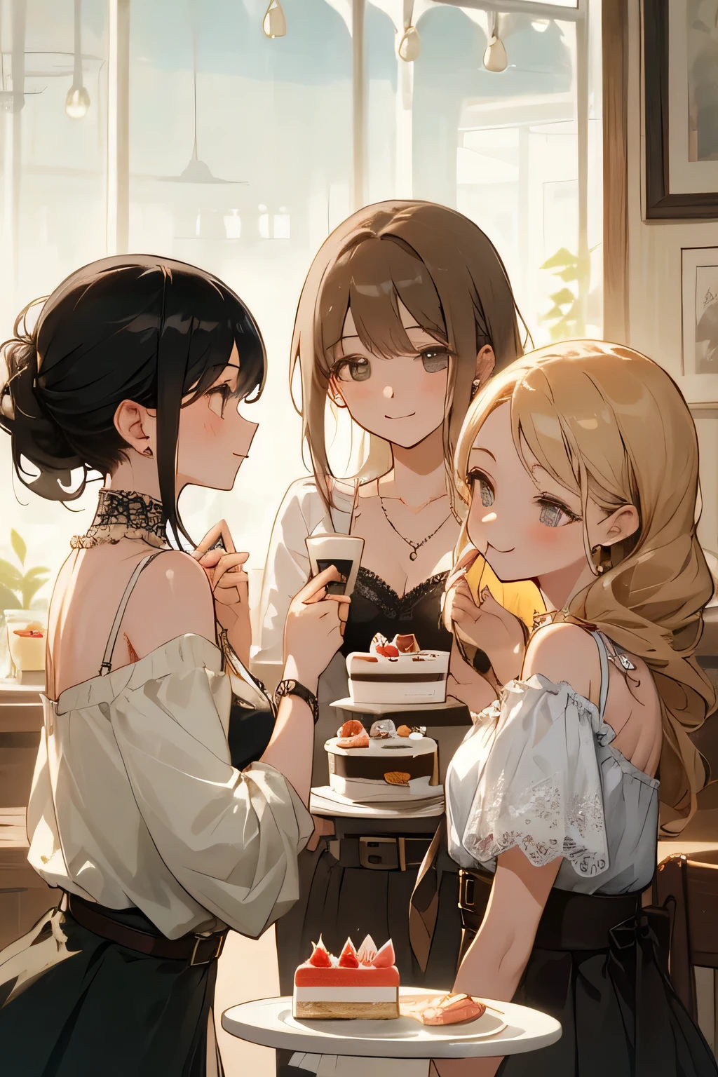 highest quality、High resolution、detailed background、Beautiful and dense face、beautiful and smooth skin、skin texture、cute10代の美少女、(three women)、realistic:1.2、perfect body line、black hair braided ponytail、Calm atmosphere、
happy look、smile、laughter、sexual expression、Upper body、Tea time at the cafe、(Three beautiful girls enjoy cakes and sweets while chatting in a cute cafe.:1.5)、
Choose white or pastel colors for lace tops and flared skirts..、sandals or heels、
If the lace top is transparent, You can wear it elegantly even when layered with an inner camisole..、
Choose a lace blouse in a soft color and add feminine movement with a pleated skirt.、
Adding lace to the sleeves and collar of the blouse makes it even more cute.、
Choose a colorful lace camisole、Add elegance with a midi skirt、cute、Simple and elegant pearl earrings、delicate chain necklace、
A watch that gives an elegant and sophisticated impression、It is a good idea to choose a design that matches your taste and clothing..、leather belt, metal belt、
A simple bracelet that looks great on your wrist、Thin chain and simple design、thin ring on fingertip、Pay attention to proper balance and layering、cute