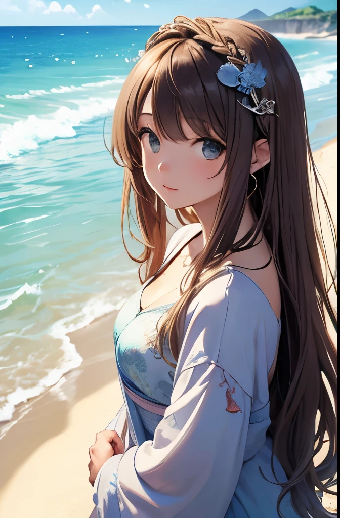 Anime girl with long hair standing on the beach near the ocean - SeaArt AI