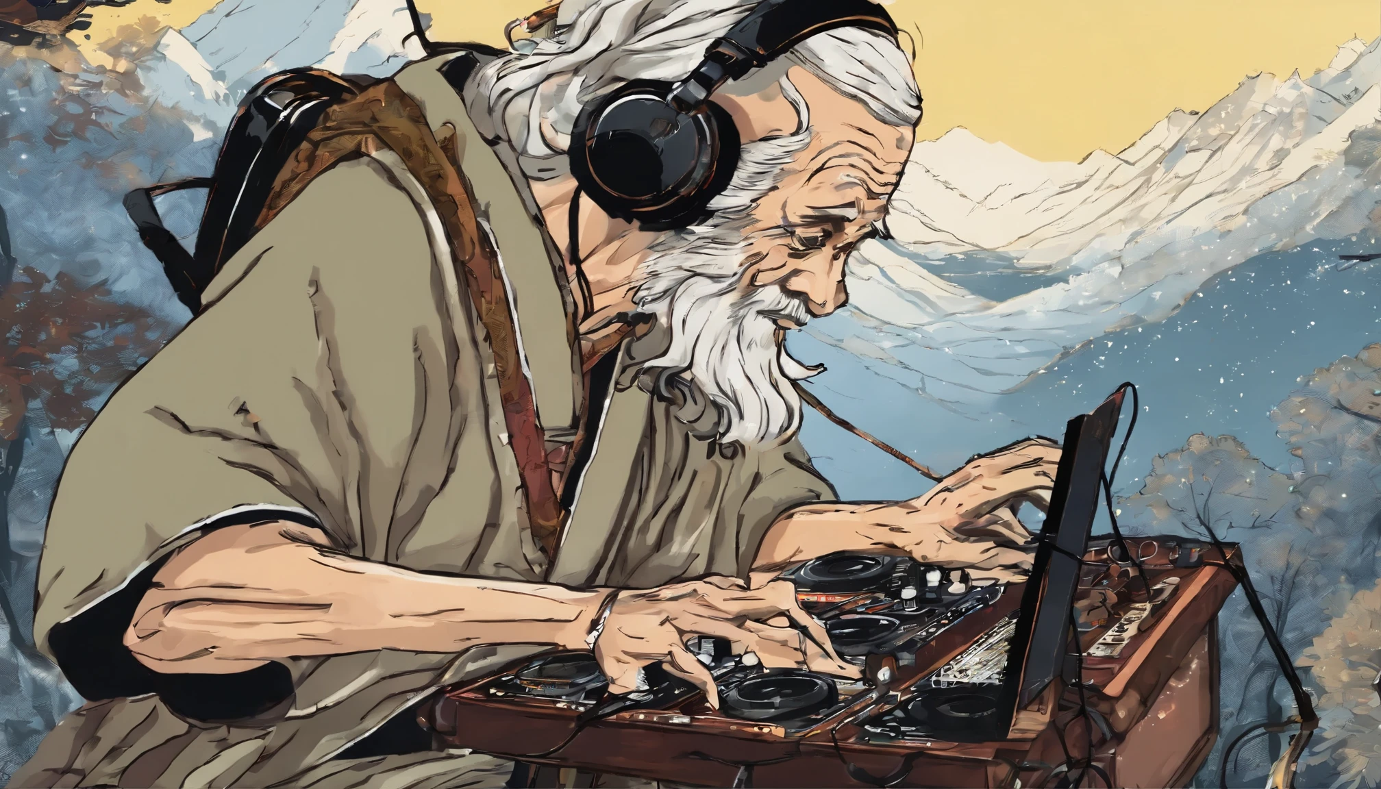 old man DJing,Ukiyo-e style,Carrying the battery,Headphones are hanging around your neck,Batteries are falling from the sky