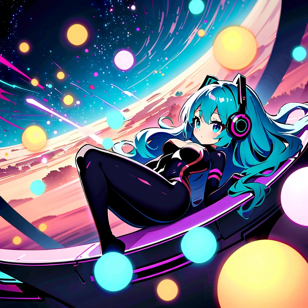 masterpiece，4K，UFO art style，Pixiv Contest Winner Element，Hatsune Miku&#39;Scenes，Long silver hair，Wearing alternating black and purple clothes，glowing with an enigmatic aura，Lying on an alien planet，The background is a glowing sphere，Create a zero-gravity atmosphere at night，Fusion of celestial and cosmic elements，Enhance the sense of science fiction and the future。