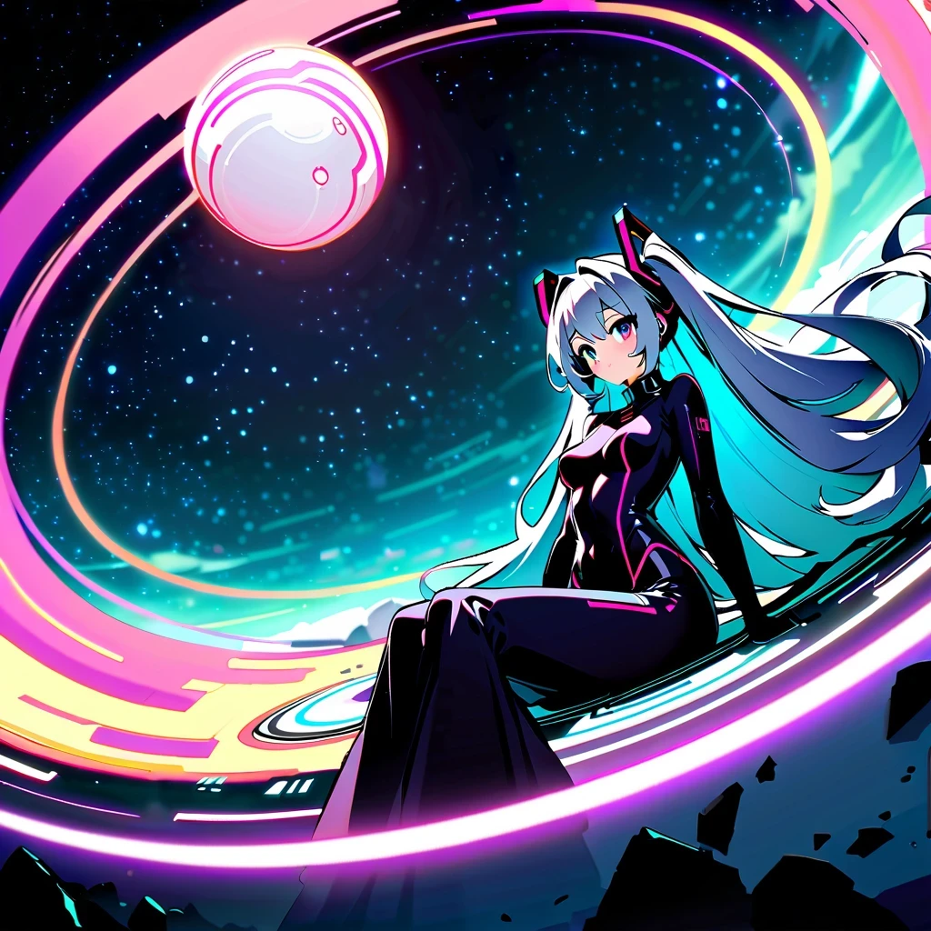 masterpiece，4K，UFO art style，Pixiv Contest Winner Element，Hatsune Miku&#39;Scenes，Long silver hair，Wearing alternating black and purple clothes，glowing with an enigmatic aura，Lying on an alien planet，The background is a glowing sphere，Create a zero-gravity atmosphere at night，Fusion of celestial and cosmic elements，Enhance the sense of science fiction and the future。
