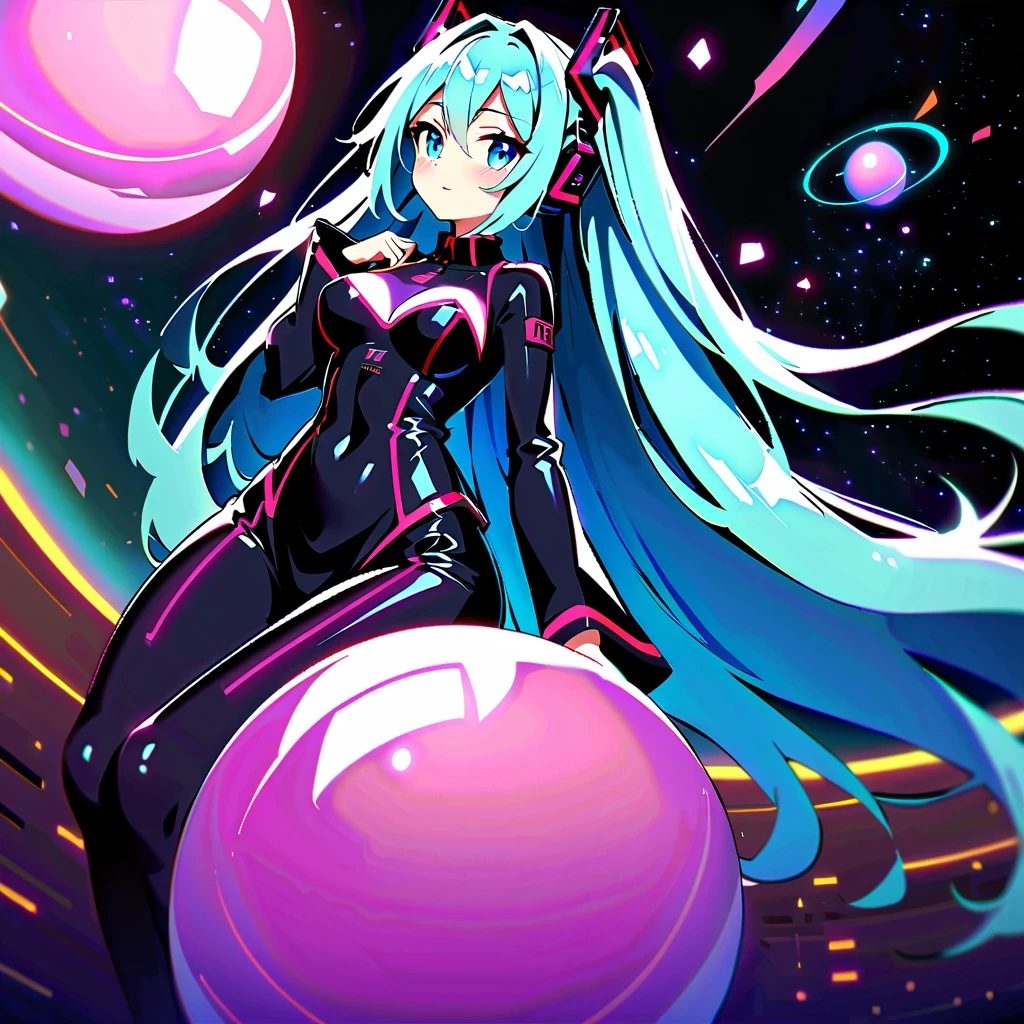 masterpiece，4K，UFO art style，Pixiv Contest Winner Element，Hatsune Miku&#39;Scenes，Long silver hair，Wearing alternating black and purple clothes，glowing with an enigmatic aura，Lying on an alien planet，The background is a glowing sphere，Create a zero-gravity atmosphere at night，Fusion of celestial and cosmic elements，Enhance the sense of science fiction and the future。