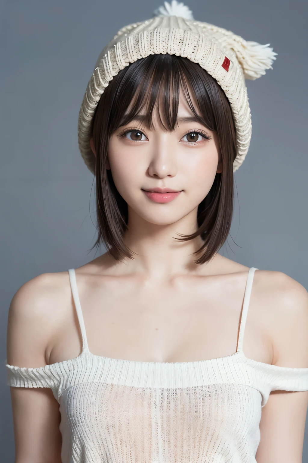 Beautiful and attractive women with fashion trends、A gentle and charming Chinese beauty、Korean（KPOP Idol）、delicate and sexy clavicle、attractive oval face、double eyelid、smart[peach]flower eyes、pink lips、small nose、bare shoulders、focus on face、[[Face close-up]、ultra high resolution、Super detailed、白いオフショルダー レース shirt、(((white lace panties)、fresh and impressive、natural (big: 1.25)、 (Dogeza)、(spread legs)、(spread legs)、(Low - Angle)、(upright 1.5)、(Skin luster 1.4)、(Low - Angle))、perfect body shape、areola、valley、wrinkles under the armpits、(Bedwetting))、(NSFW: 1.05)、(Showpiece、highest quality、High precision))、1 girl、(bigきく、realistic: 1.4)、(slightly above the camera、Look up at the camera、looking up、Look up at the cameraる、stare at the camera)))、solo、solo、white background、snow white background、closed your mouth、happy smile、beautiful black hair、short hair、bigきな目、はっきりとしたdouble eyelid、eyelash、ear out、long neck、long neck、Absolute area、((face close up、bangsありshort hair))、19 years old、attractive proportions、Glossy skin、beautiful clavicle、golden ratio face、perfect face、tear-shaped mole、Mole on the chest、bangs、綺麗なbangs、綺麗なbangs、lip gloss、thin lips、white skin、undressing、big breasts、small face、look up at the camera a little、((smile a little for the camera、本当に何もない真っ白な背景bigきい)bigきい、bigきな胸、非常にbigきい))、((((uniform、shirt、knit hat)))
