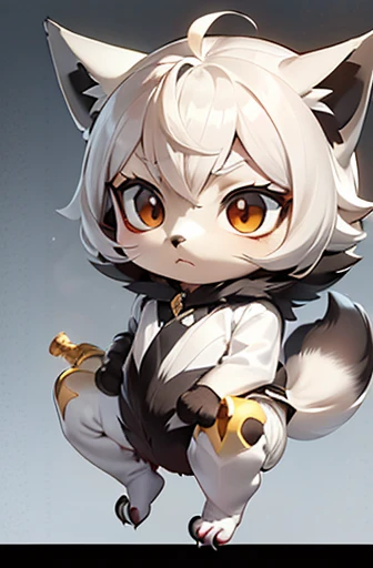 (((Animals,white monster, anime, Chibi))), (Sad face, Animals, fox head, wolf carcass, owl back wing, tail snake, four legs)
