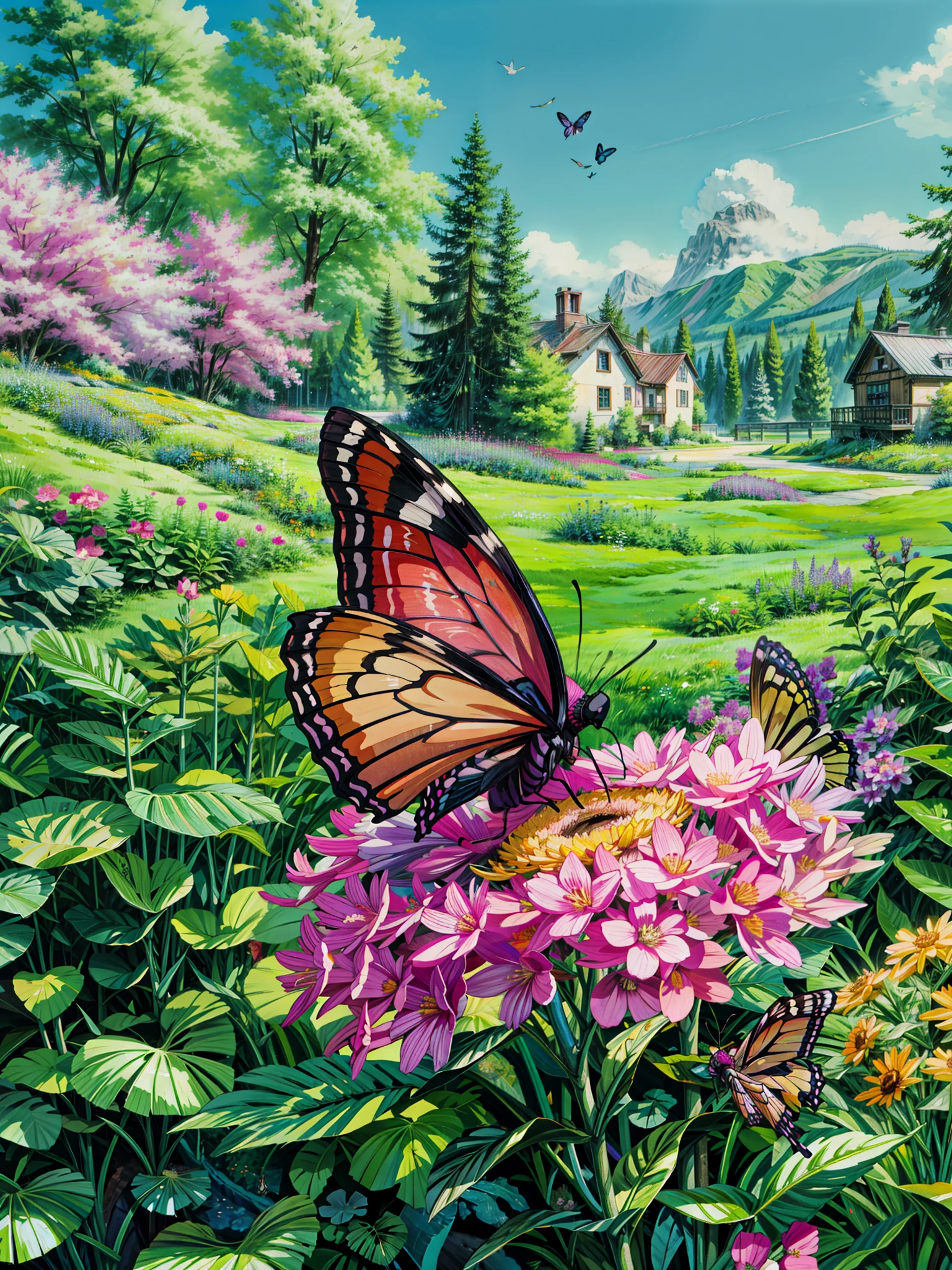 a butterfly sitting on top of a pink flower, monarch butterflies, in a cottagecore flower garden, cottagecore flower garden, flowers and butterflies, wings made out of flowers, painting of a mechanical butterfly, the empress’ swirling gardens, swarming in flowers, butterflies and birds, cottage hippie naturalist, butterflies flying, butterflies and worms, 4k hd,, beautiful art uhd 4 k, a beautiful artwork illustration, beautiful digital painting, highly detailed digital painting, beautiful digital artwork, detailed painting 4 k, very detailed digital painting, rich picturesque colors, gorgeous digital painting