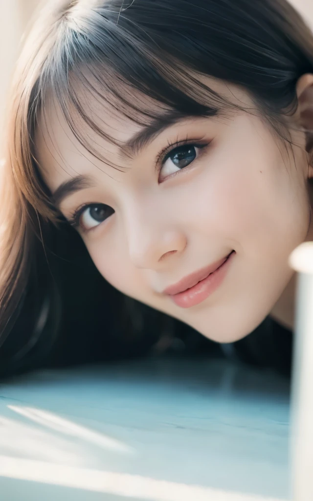 table top, highest quality, 8K, 1 girl, close, close up of face, 20th generation, cute, alone, arch smile, cute, girly, delicate girl, pure beauty,  Raw photo, professional photography, portrait, soft light, professional lighting, Backlight, look forward to your eyes, Sophisticated, film grain, (Eye and face details:1.0),