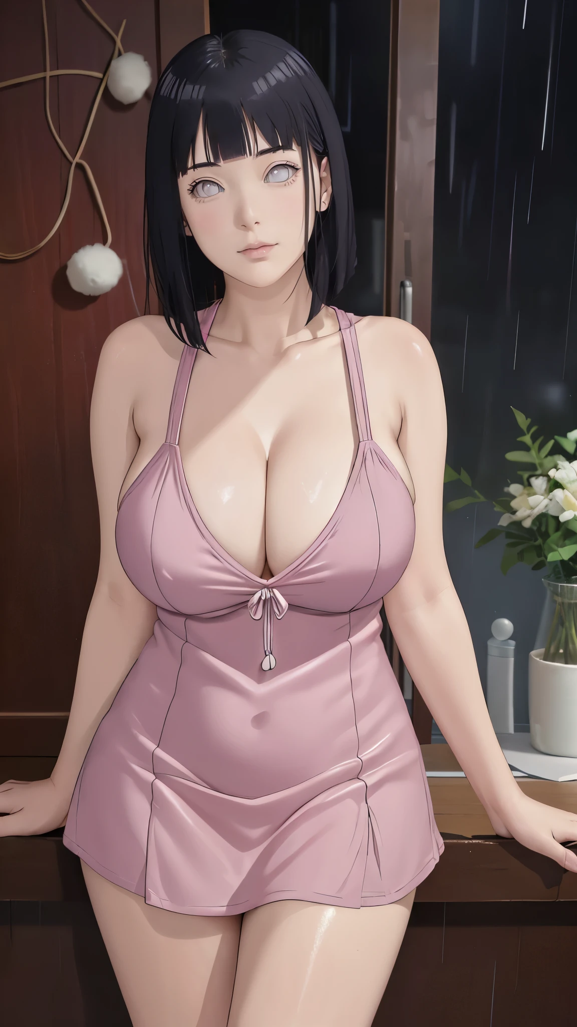 Chubby, Curve, thick, Made, absurderes, Hinata\(Boruto\), 1girll, Solo,Mature female, view the viewer,Perfectcomposition, Detailed lips, big breast, Beautiful face, body chubby, Blush, (Pink lips), Long hair, Purple eyes, Soft gaze, Sad smile, Super realistic, Detailed, photoshoot, Realistick faces and bodies，（perspire，Sweat a lot，Blushlush，Be red in the face，Blushlush），（Bigboobs），japanese house，Stand at the door，natta，raining day, ((mini dress)), ((cleavage)), sideboob, dark hair, sleeveless, thighs, full body