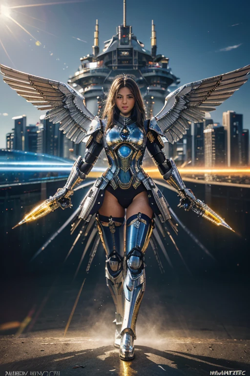 masterpiece,(bestquality),highlydetailed,ultra-detailed,1girl,(mechanicalwings:golden,glowingeyes:blue,goldenrarmor:1.2,elongatedears:0.8),(cyberpunkcity:1.5,weapon:energyblade),(fantasylandscape:1.2,natural lighting:1.5,confidentexpression),(panorama:1.2),mecha, smile,angle,Angels, wings,chrome,raw majestic waterfall, style of sargent, wide angle, elliptical lens flare, impressionistic, wpa poster, hokusai, graphic, golden hour, CHROMATIC ABERRATION, tetradic scheme –ar 2:1 –V 5.2