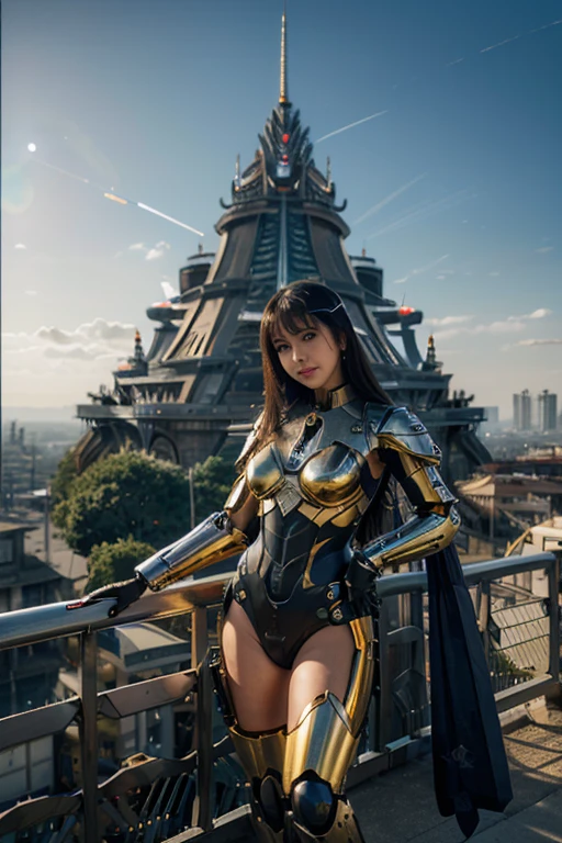 Masterpiece,High-quality 4K,Perfect Face,Perfect body。In the bright early summer afternoon sunshine、A 20-year-old female hybrid machine wearing a light metal halter neck, light metal leotard, and light metal knee-high boots, looking forward to the future with hope.。A realistic live-action Hollywood drama。
