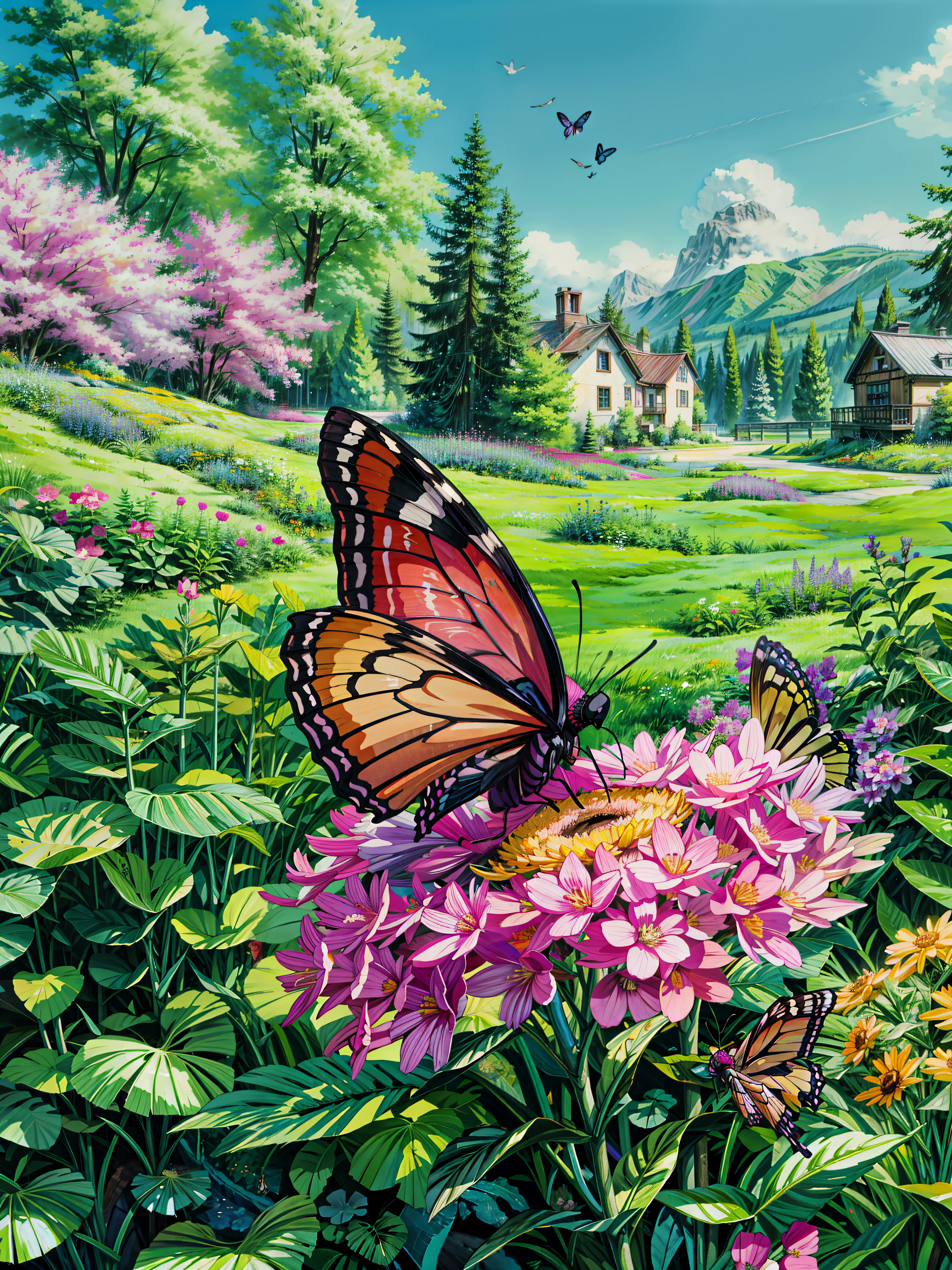 a butterfly sitting on top of a pink flower, monarch butterflies, in a cottagecore flower garden, cottagecore flower garden, flowers and butterflies, wings made out of flowers, painting of a mechanical butterfly, the empress’ swirling gardens, swarming in flowers, butterflies and birds, cottage hippie naturalist, butterflies flying, butterflies and worms, 4k hd,, beautiful art uhd 4 k, a beautiful artwork illustration, beautiful digital painting, highly detailed digital painting, beautiful digital artwork, detailed painting 4 k, very detailed digital painting, rich picturesque colors, gorgeous digital painting