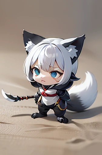 (((Animals,white monster, anime, Chibi))), (Sad face, Animals, fox head, wolf carcass, owl back wing, tail snake, four legs)
