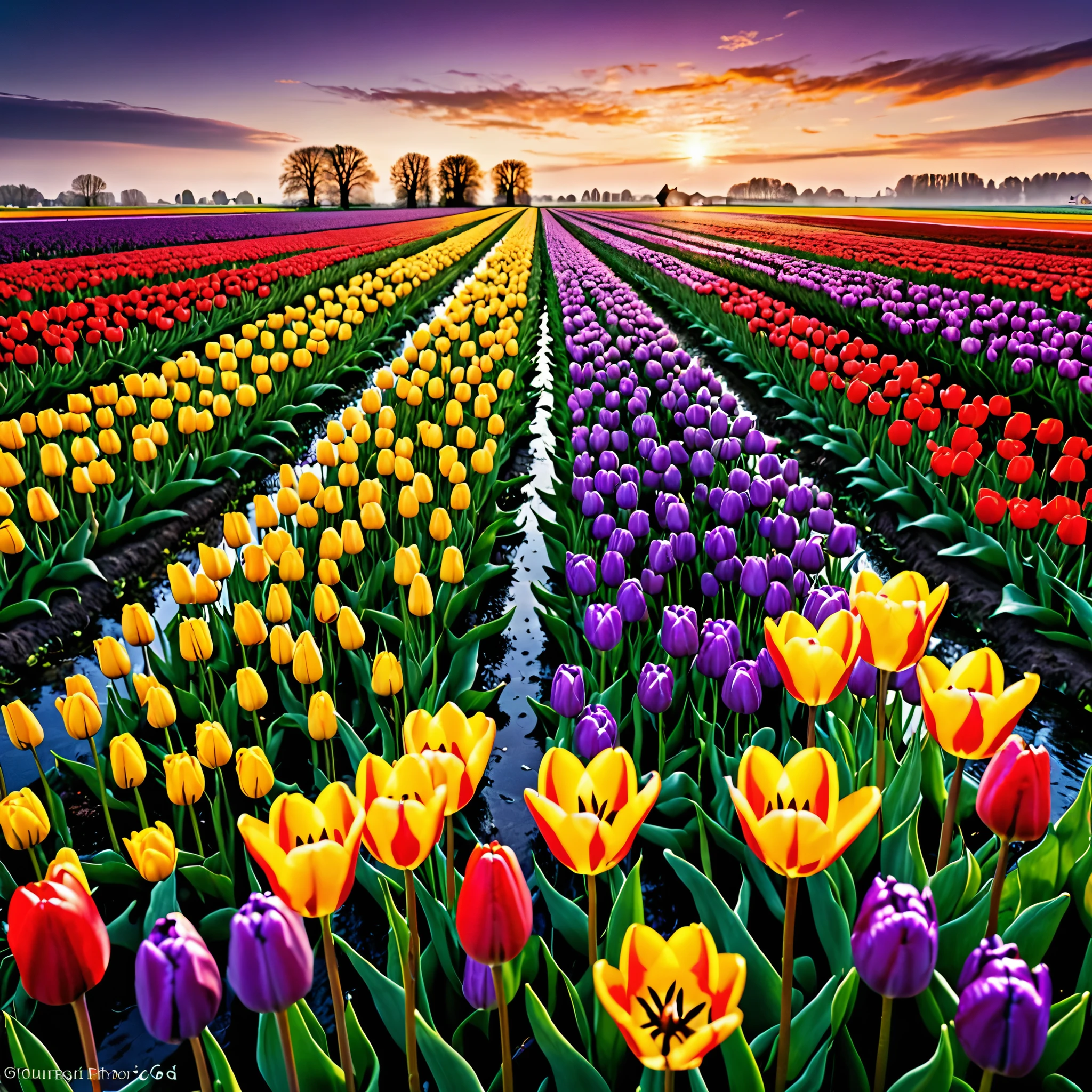 (best quality,4k,8k,highres,masterpiece:1.2),ultra-detailed,(realistic,photorealistic,photo-realistic:1.37),vibrant colors,studio lighting,tulip fields,water reflections,colourful petals,impeccable composition,Netherlands landscape,seasonal bloom,artistic perspective,exquisite details,texture variation,popular travel destination,striking beauty,dynamic angles,dramatic sky,dew drops,dreamy atmosphere,floral diversity,impressive contrast,depth of field,purple,red,yellow,green,orange,bursting with life,harmonious colors,natural light,soft focus,breathtaking panorama,crisp textures,harvesting time,professional photographers,visual poetry.