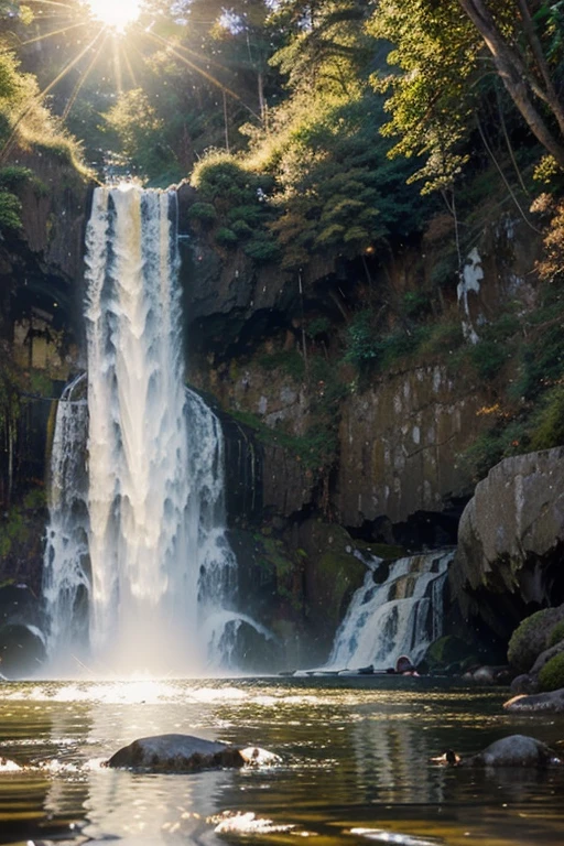 majestic waterfall, style of sargent, wide angle, elliptical lens flare, impressionistic, wpa poster, hokusai, graphic, golden hour, CHROMATIC ABERRATION, tetradic scheme –ar 2:1 –V 5.2