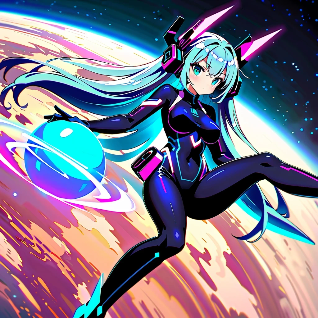 masterpiece，4K，UFO art style，Pixiv Contest Winner Element，Hatsune Miku&#39;Scenes，Long silver hair，Wearing alternating black and purple clothes，glowing with an enigmatic aura，Lying on an alien planet，The background is a glowing sphere，Create a zero-gravity atmosphere at night，Fusion of celestial and cosmic elements，Enhance the sense of science fiction and the future。