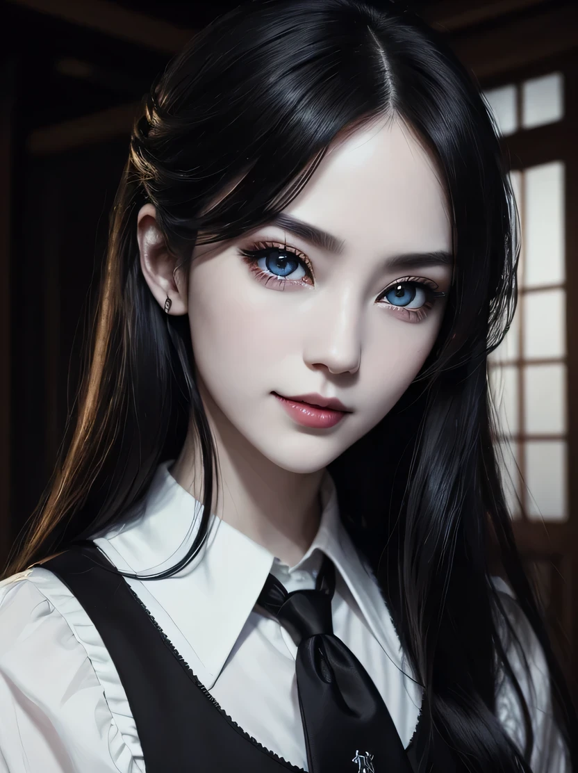 ((masterpiece、highest quality、Super detailed、High resolution、realistic、sharp focus))、bust shot、high contrast、high color saturation、 ((very delicate and beautiful))、crazy details、((beautiful woman portrait))、Sexy vampire girl、alone、black vest、white collared shirt、Crimson tie、pale skin、big lips、swollen lips、black lips、blue eyes、heterochromia、Ring-shaped eyes、shining eyes、black hair、long hair、evil smile、Scar face、view audience