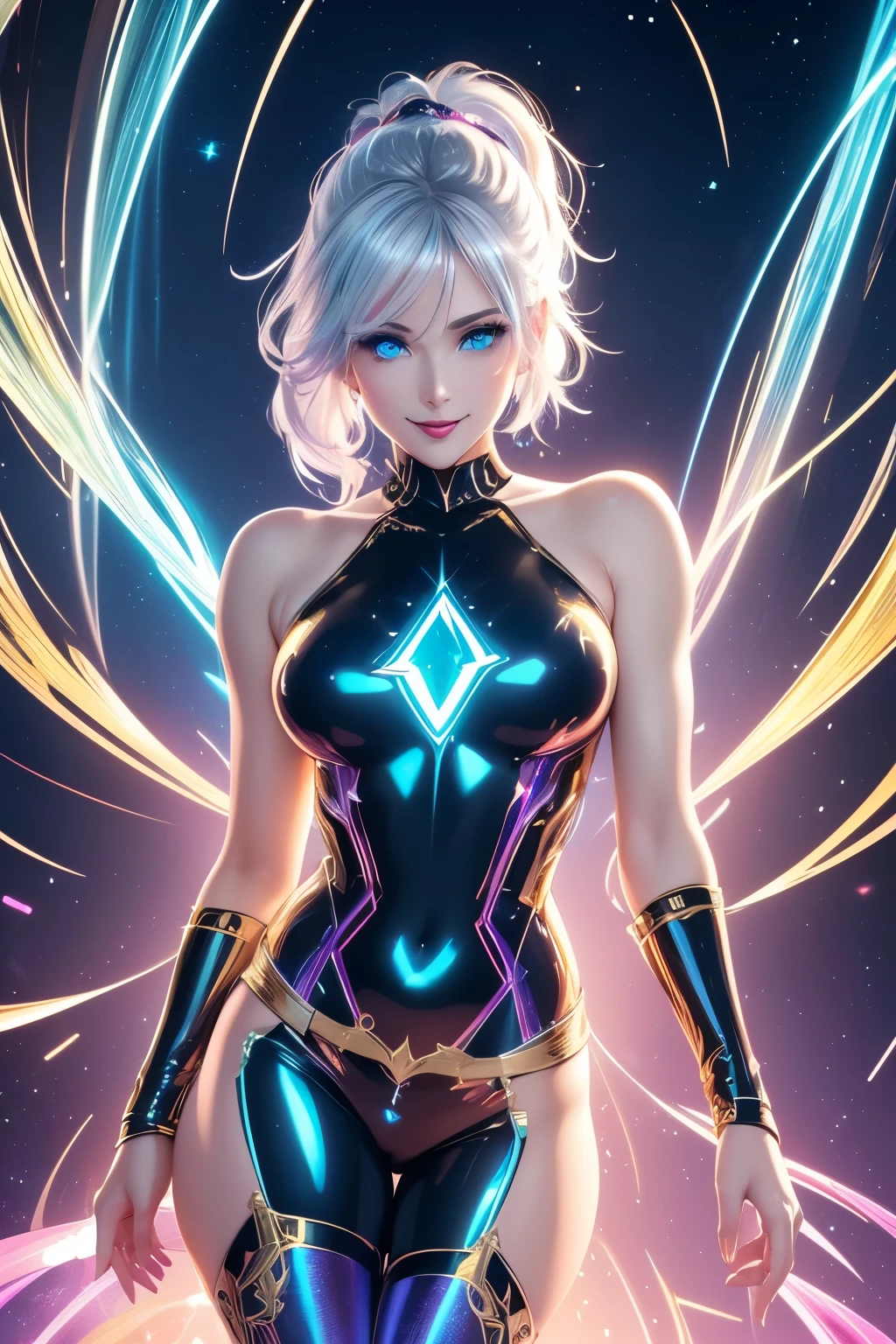best quality, 32k, incredibly absurdres, extremely detailed, Intelligent beauty, silver short ponytail, red eyes, excited look, shiny seamless enamel latex rubber bodysuit, sparkling, shining brightly, shiny chrome plated, shiny gold plated, shiny silver plated and sparkling, shining brightly, finely crushed ruby, pink sapphire, blue topaz, emerald, amethyst, diamond, crystal, rainbow moonstone, white opal room, steampunk, dieselpunk, clockpunk, blend art, mixture art, fractal art, art design, motion-blur, action-lines, speed-lines, background swirl, static electricity, electric discharge, geometric pattern, irregularity, mysterious, sign of something happening, image processing with mysterious effects, translucent, fantastic haze, scattered gold powder, iridescent wind-effect, light-effect, professional lighting, BREAK , background tarot card style image, gear shape in iridescent, rainbow colors neon line light, variety of visual styles that combine various artistic elements like a sparkling iridescent rainbow