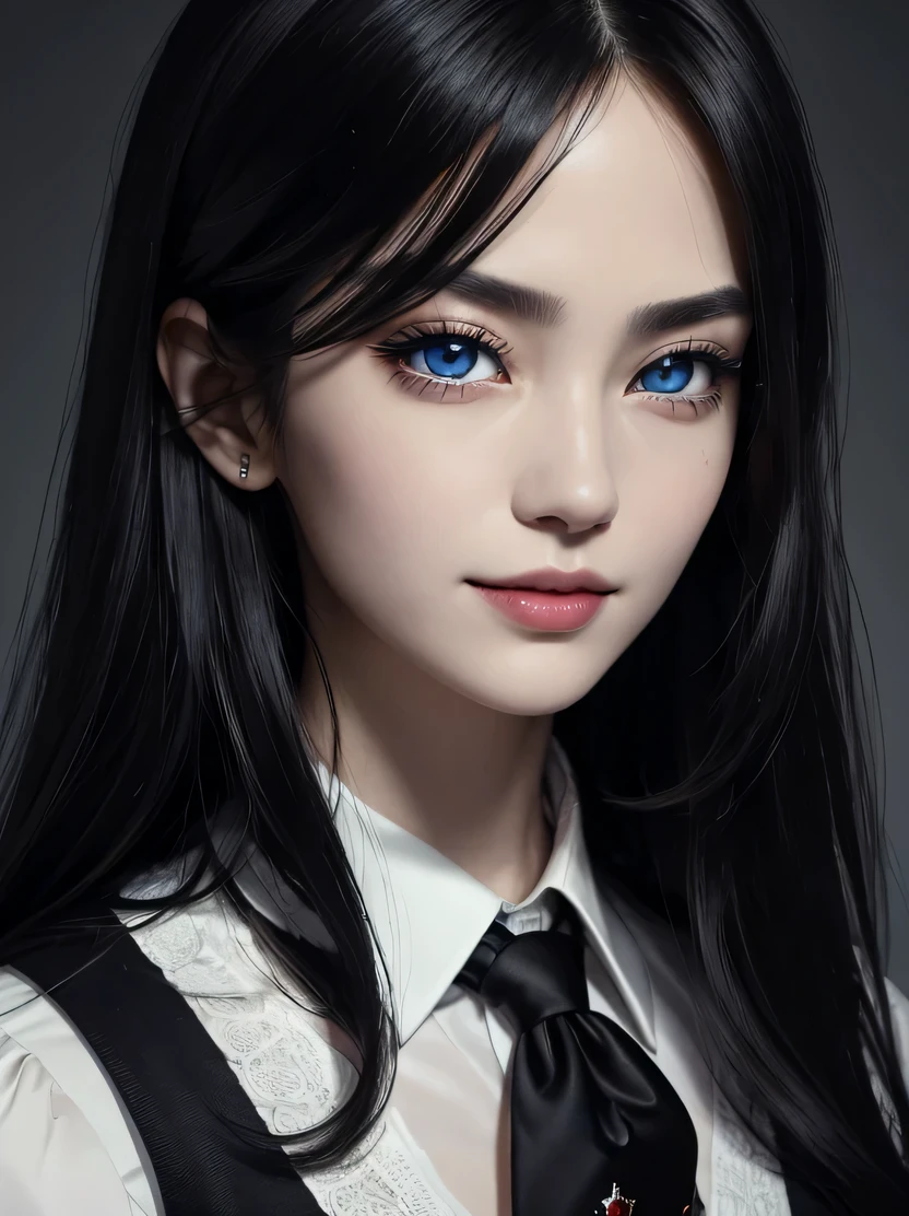 ((masterpiece、highest quality、Super detailed、High resolution、realistic、sharp focus))、bust shot、high contrast、high color saturation、 ((very delicate and beautiful))、crazy details、((beautiful woman portrait))、Sexy vampire girl、alone、black vest、white collared shirt、Crimson tie、pale skin、big lips、swollen lips、black lips、blue eyes、heterochromia、Ring-shaped eyes、shining eyes、black hair、long hair、evil smile、Scar face、view audience