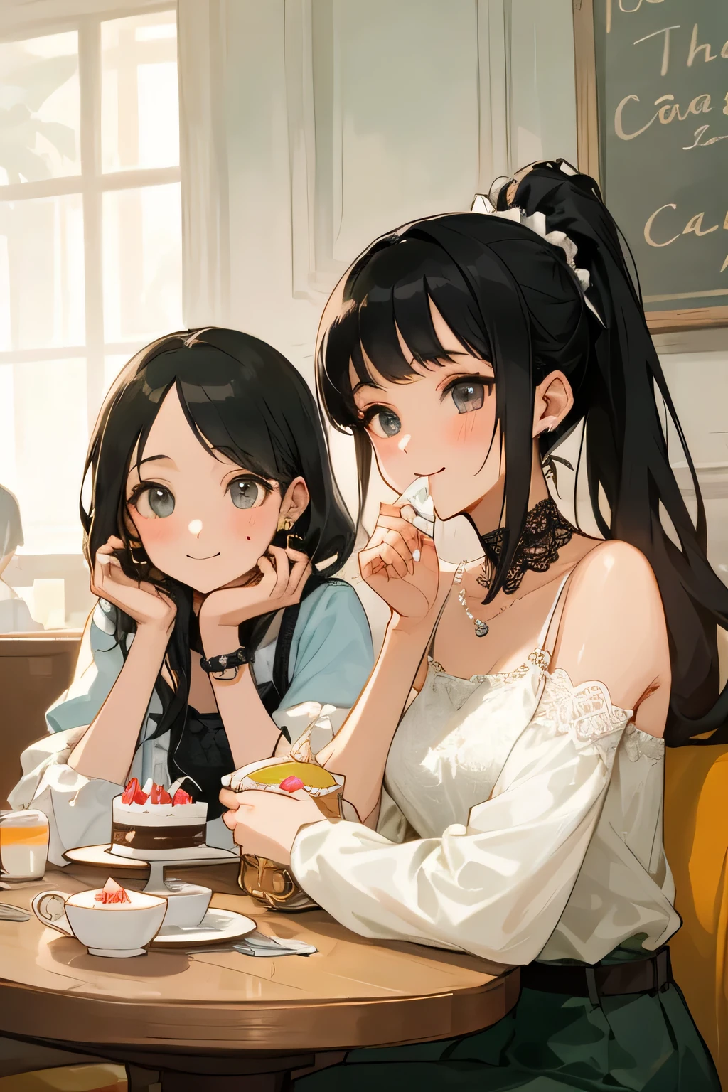 highest quality、High resolution、detailed background、Beautiful and dense face、beautiful and smooth skin、skin texture、cute10代の美少女、(two women)、realistic:1.1、perfect body line、black hair braided ponytail、Calm atmosphere、
happy look、smile、laughter、sexual expression、Upper body、Tea time at the cafe、(Two beautiful girls enjoy cake and sweets while chatting at a cute cafe.:1.5)、
Choose white or pastel colors for lace tops and flared skirts..、sandals or heels、
If the lace top is transparent, You can wear it elegantly even when layered with an inner camisole..、
Choose a lace blouse in a soft color and add feminine movement with a pleated skirt.、
Adding lace to the sleeves and collar of the blouse makes it even more cute.、
Choose a colorful lace camisole、Add elegance with a midi skirt、cute、Simple and elegant pearl earrings、delicate chain necklace、
A watch that gives an elegant and sophisticated impression、It is a good idea to choose a design that matches your taste and clothing..、leather belt, metal belt、
A simple bracelet that looks great on your wrist、Thin chain and simple design、thin ring on fingertip、Pay attention to proper balance and layering、cute