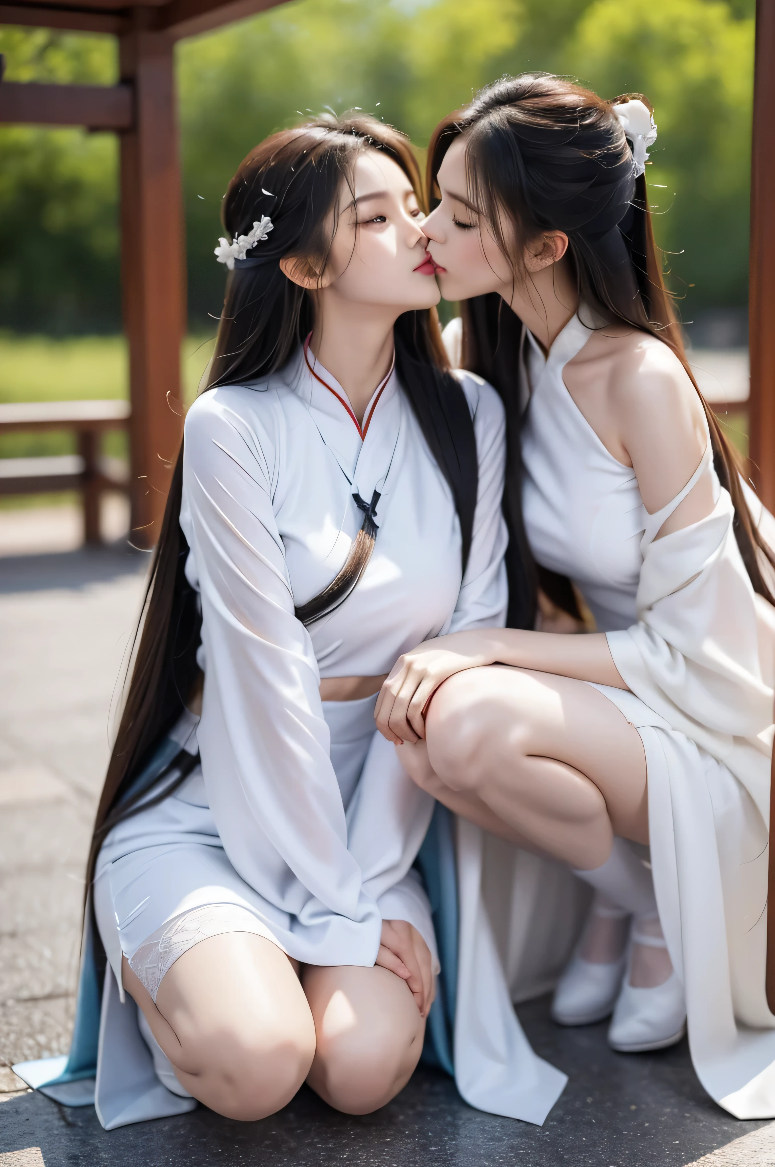 High resolution、２A beauty，Sexy、long hair，Clear hand details，plump breasts，fit，lover、Look at each other from the front、Sticking out tongue、((kiss))、(((法式热kiss)))、hug each other，It&#39;s like pressing each other&#39;Chest、stare at each other、Moist eyes、half-open lips、Fair、feature、Attractions、idle、instigate、beauty、White thick stockings、Shunguang、Shot diagonally from directly below、Accurate drawing、detailed picture、precise anatomy、Simple background，hanfu，kneeling position，Dancing shoes