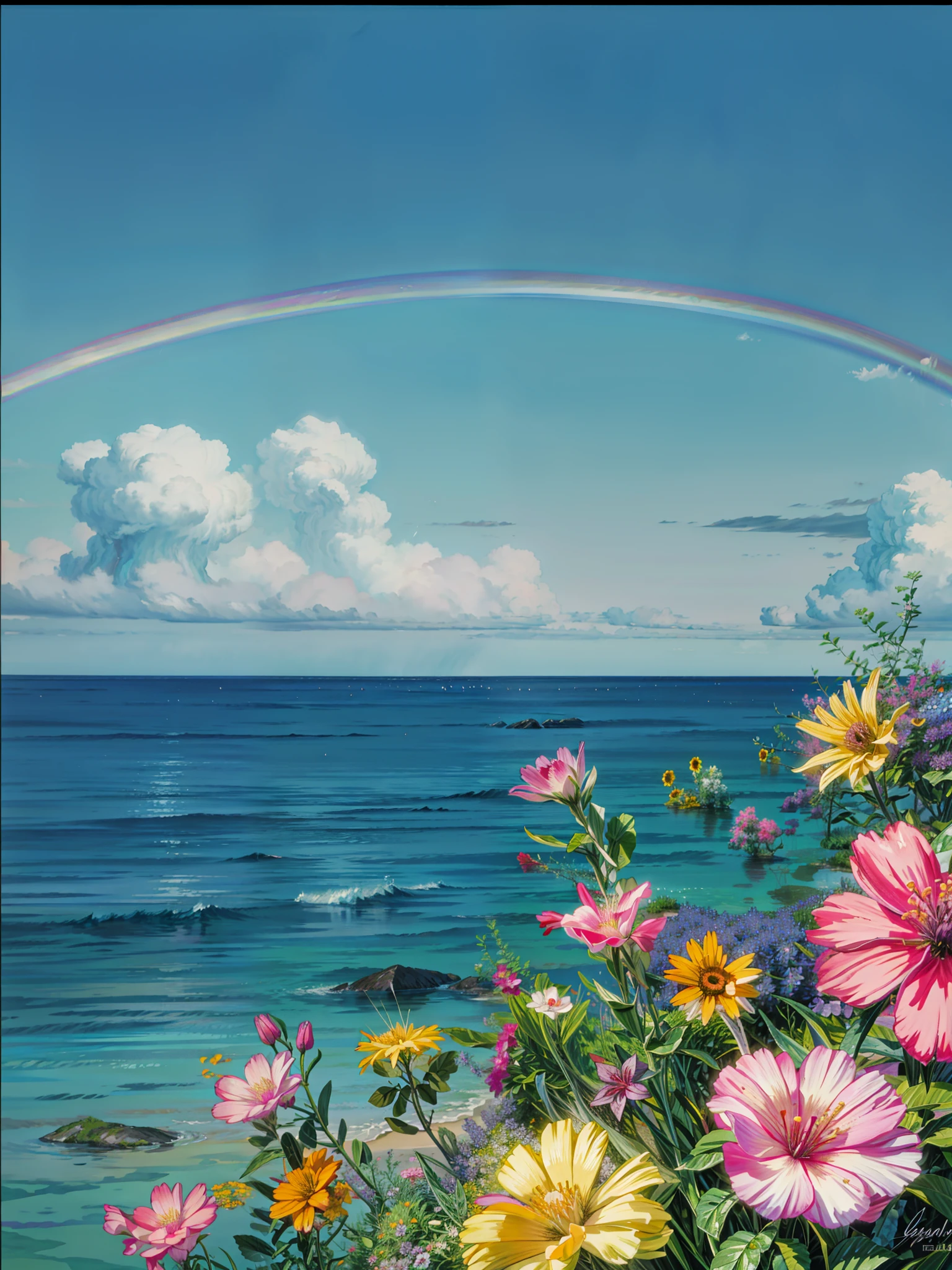 Painting of a rainbow in the sky over the ocean, vivid rainbow of colors, magical colorful flowers, sunny rainbow galaxy stormy sea, flowers sea rainning everywhere, botanical rainbow backdrop, ethereal rainbows, splashes of colors, very colorful heavenly, rainbow in the sky, flowers sea everywhere, colorful flowers, pastel rainbow, beautiful spectrum of vibrancy, raining rainbow, beautiful lush colors, 4k hd,, beautiful art uhd 4 k, a beautiful artwork illustration, beautiful digital painting, highly detailed digital painting, beautiful digital artwork, detailed painting 4 k, very detailed digital painting, rich picturesque colors, gorgeous digital painting, no human