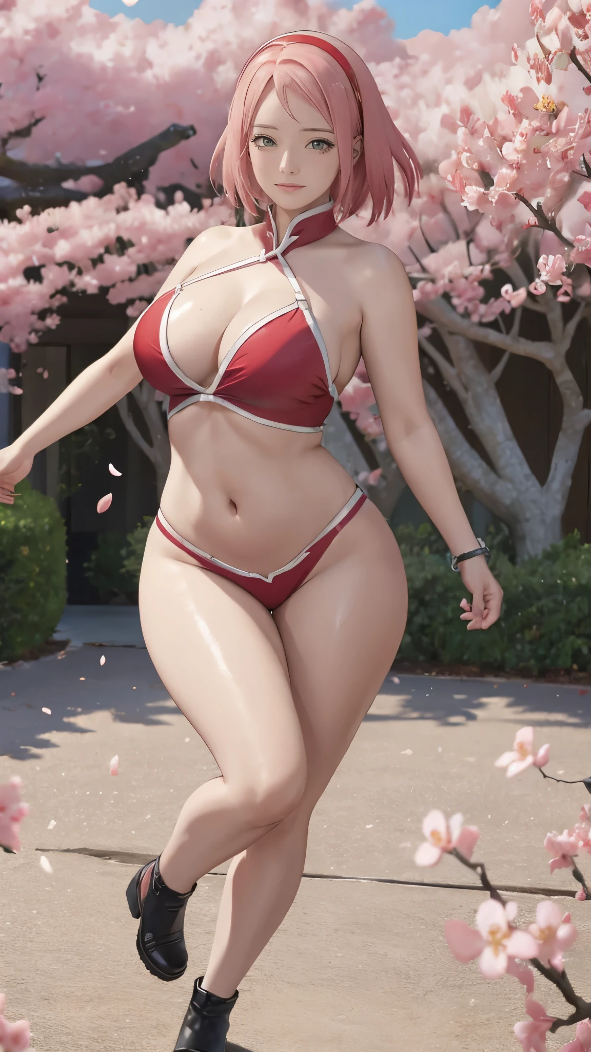 Chubby , thick, Curve, Realistic, Photorealistic,cowboy shot,masterpiece, absurdres, (colorful), 1girl, haruno sakura, forehead mark, red hairband, detailed red chinesse mini dress, navel, groin, bracelet, looking at viewer, flushed face, smile, cherry blossoms, private garden, wind, floating hair, large breast, (((wide hips))), toned body, detailed eyes, dynamic pose, full body