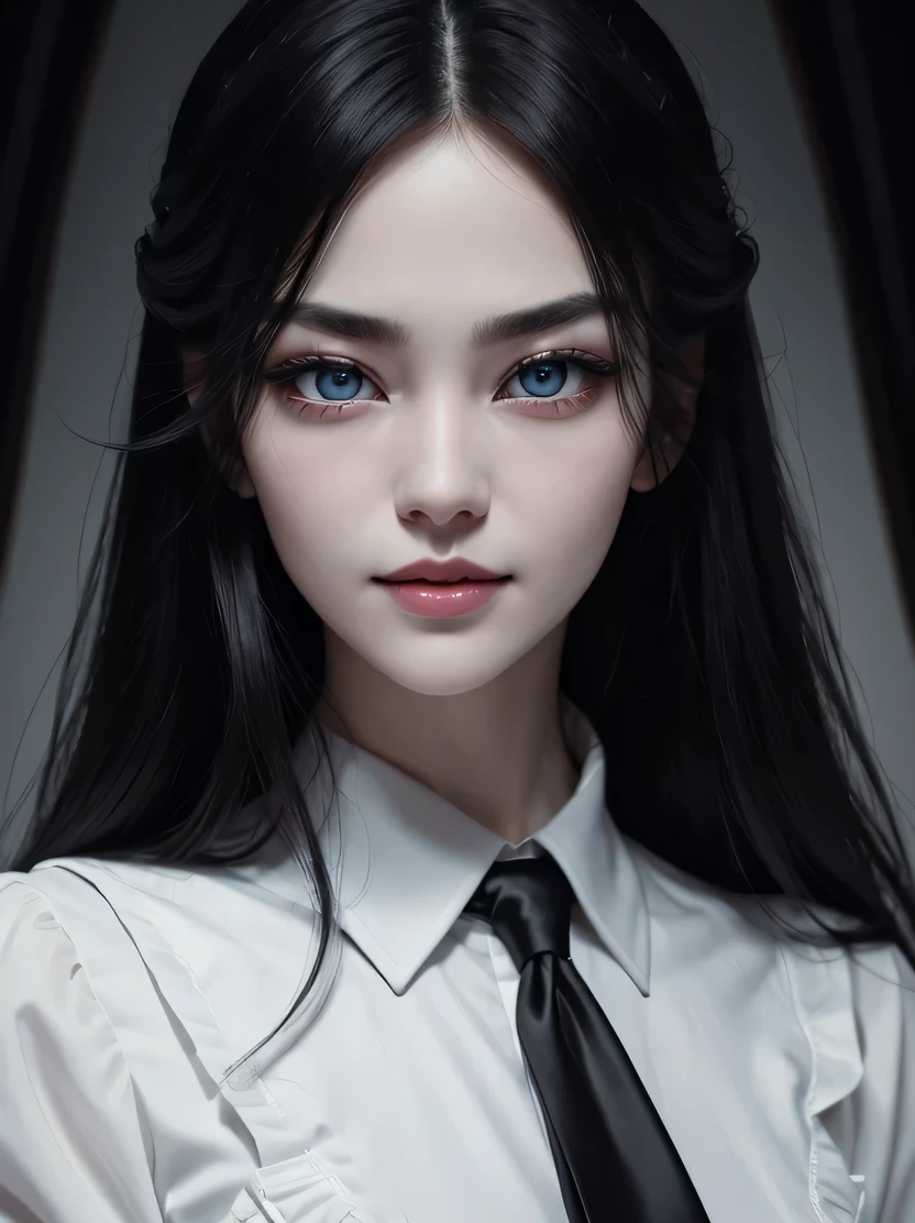 ((masterpiece、highest quality、Super detailed、High resolution、realistic、sharp focus))、bust shot、high contrast、high color saturation、 ((very delicate and beautiful))、crazy details、((beautiful woman portrait))、Sexy vampire girl、alone、black vest、white collared shirt、Crimson tie、pale skin、big lips、swollen lips、black lips、blue eyes、heterochromia、Ring-shaped eyes、shining eyes、black hair、long hair、evil smile、Scar face、view audience