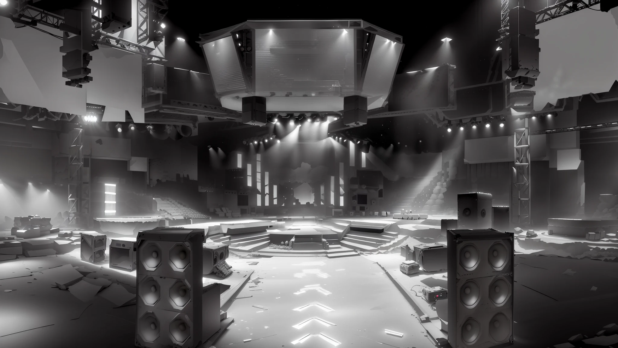 A black and white style band stage，There is a strong spotlight in the middle，There&#39;s a big sound system out front，There is a huge electronic screen at the back，ground perspective，Close up shot，There is a sense of depth，Symmetrical composition，Strong perspective，flat perspectives，Hayao Miyazaki style，Makoto Makoto Shinkai&#39;s works，arafed view of a stage with speakers and a stage name, stage, empty stage, an Ambient occlusion rendering, on rock concert stage, stage background, Ambient occlusion rendering, virtual scene, arena background, interior of the hall in area 55, Super ambient occlusion, Strong ambient occlusion, futuristic setting, on the stage