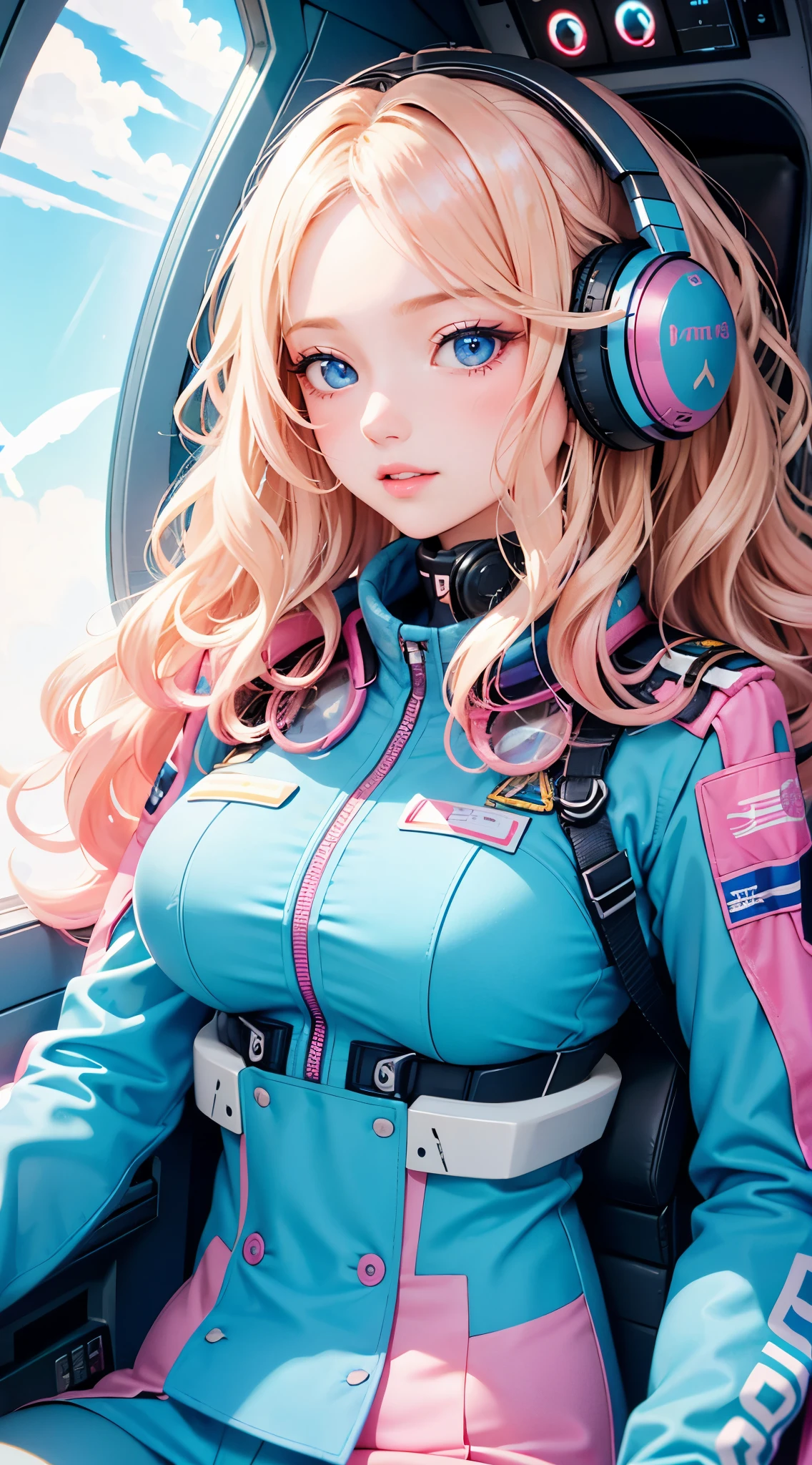 highest quality, Beautiful woman, wavy blonde hair, blue eyes, Bobicore, intricate pink pilot, In the cockpit of an airplane, wavy hair, beautiful face, perfect face, big, colorful eyes, soft smile, parted lips, perfect slim fit body, bright colors, soft colors