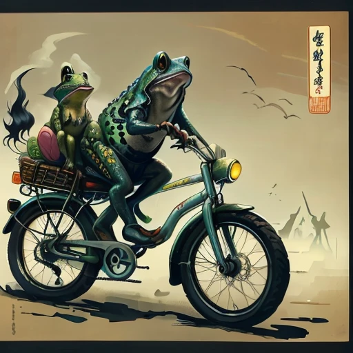 Frog riding a bike Ukiyo-e
