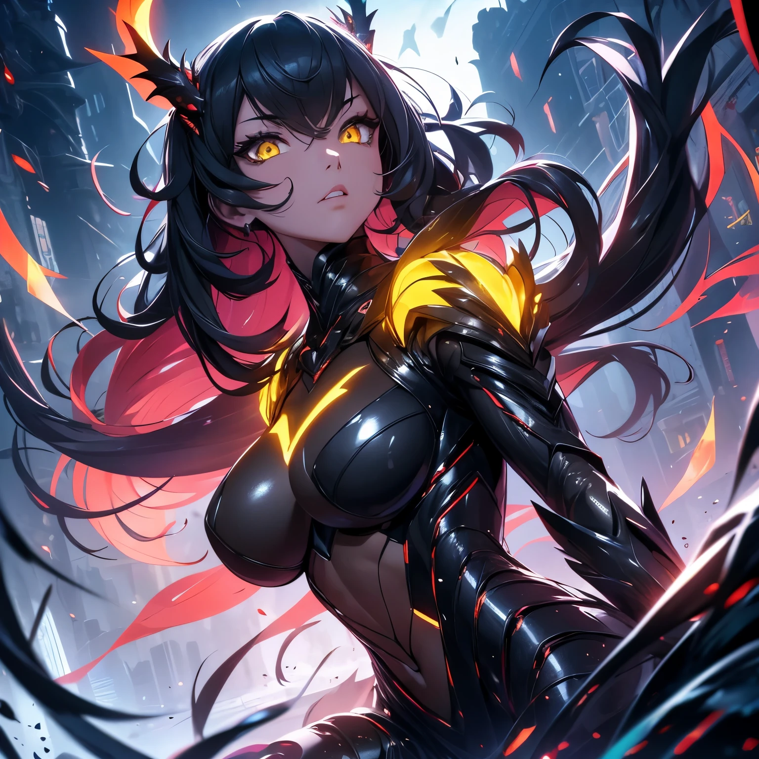 ((Masterpiece, Highest quality)), Detailed face, CharacterDesignSheetfull body, perfectly proportions, full of details, ((Multiple poses and expressions)), Highly detailed, monster girl, insect girl, fly girl, A beautiful dark-black-volcanic-stone lava fly girl, insect eyes, (insect arms), (six arms), (glowing pale yellow eyes), bright yellow eyes, dark and gloomy coal caves