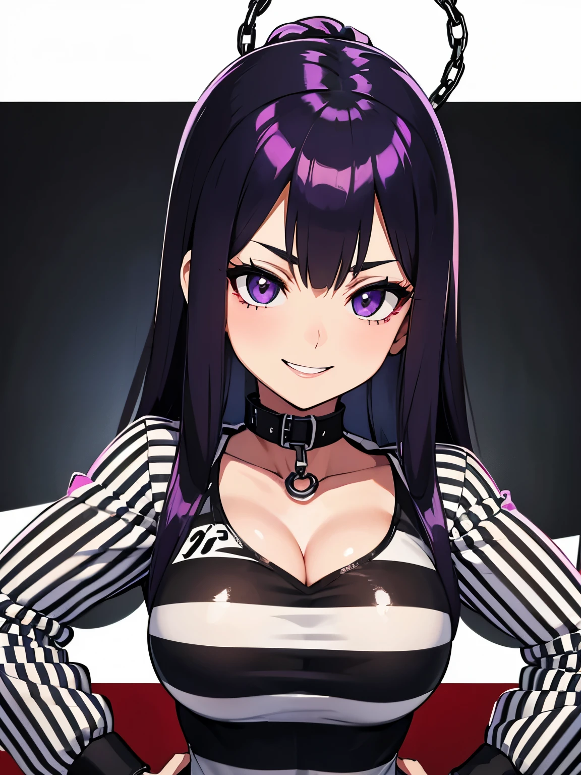 Mugshot, anime girl in black and white striped prisoner uniform, hands cuffed or chained, cleavage, big breasts, purple hair, evil smile, jail, cell, prison