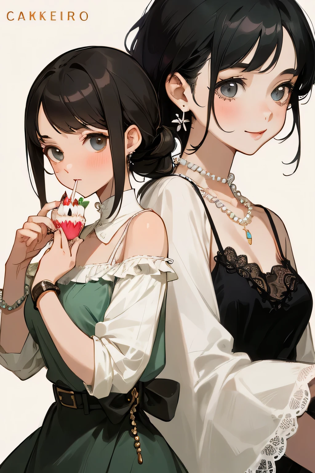 highest quality、High resolution、detailed background、Beautiful and dense face、beautiful and smooth skin、skin texture、cute10代の美少女、(two women)、realistic:1.1、perfect body line、black hair braided ponytail、Calm atmosphere、
happy look、smile、laughter、sexual expression、Upper body、Tea time at the cafe、(Two beautiful girls enjoy cake and sweets while chatting at a cute cafe.:1.5)、
Choose white or pastel colors for lace tops and flared skirts..、sandals or heels、
If the lace top is transparent, You can wear it elegantly even when layered with an inner camisole..、
Choose a lace blouse in a soft color and add feminine movement with a pleated skirt.、
Adding lace to the sleeves and collar of the blouse makes it even more cute.、
Choose a colorful lace camisole、Add elegance with a midi skirt、cute、Simple and elegant pearl earrings、delicate chain necklace、
A watch that gives an elegant and sophisticated impression、It is a good idea to choose a design that matches your taste and clothing..、leather belt, metal belt、
A simple bracelet that looks great on your wrist、Thin chain and simple design、thin ring on fingertip、Pay attention to proper balance and layering、cute