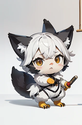 (((Animals,white monster, An illustration, Chibi))), (Sad face, Animals, fox head, wolf carcass, owl back wing, tail snake, four legs)