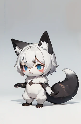 (((Animals,white monster, An illustration, Chibi))), (Sad face, Animals, fox head, wolf carcass, owl back wing, tail snake, four legs)