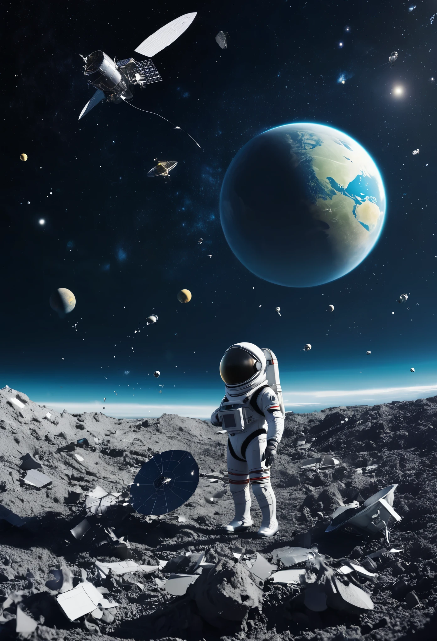 In space above solar system broken pieces of satellite,rockets etc are floating around and polluting the environment of space , an alien is Sad seeing the space polluted