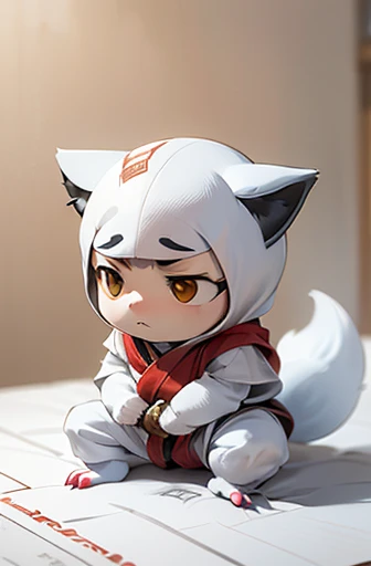 (((Animals,white monster, An illustration, Chibi))), (Sad face, Animals, fox head, wolf carcass, owl back wing, tail snake, four legs), 