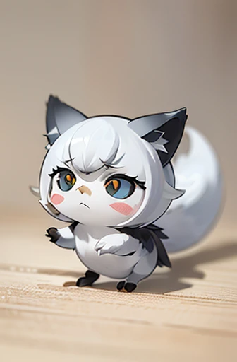 (((Animals,white monster, An illustration, Chibi))), (Sad face, Animals, fox head, wolf carcass, owl back wing, tail snake, four legs)
