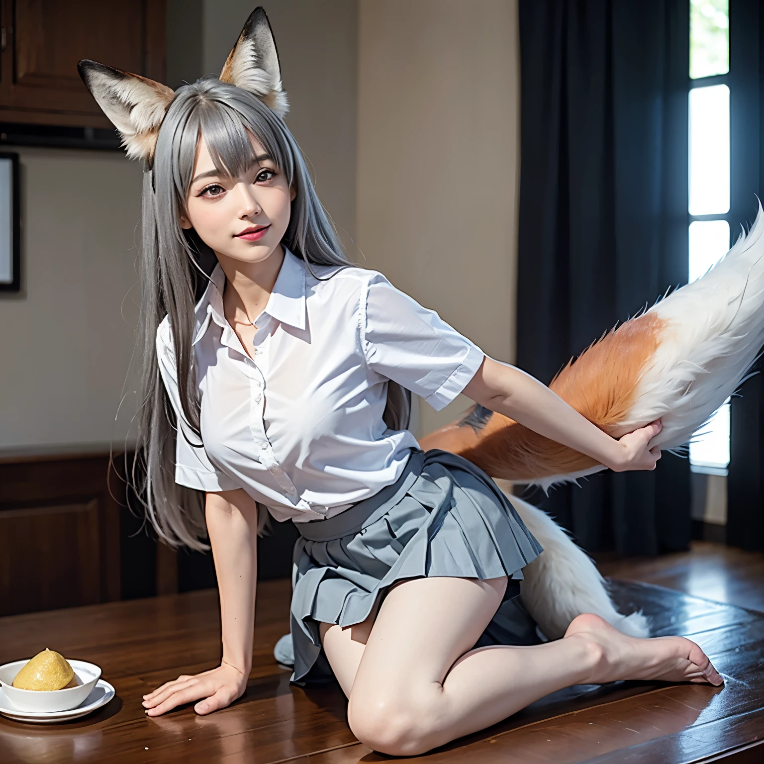 Girl with a furry tail , Fox tail, tail, collared shirt,table top, 最high quality, figure, Ultra-detailed, finedetail, High resolution, 8k wallpaper, 完璧なダイナミックな構figure, Beautiful detailed eyes,Full body shot，Show me your whole body、thin and transparent、long gray hair, ,smile,Harajuku、20 year old girl、eyeliner、beautiful bangs、hair between eyes、最high quality、ultra-detailliert、film light、intricate-detail、High resolution、ighly detailed))、detailed background、8KUHD、Digital single-lens reflex camera、soft light、high quality、film grain、Fujifilm XT3 、shallow depth of field、natural soft light、Kamimei、I looked at my knees., sexy shot looking at camera、on the leg、Full body shot facing the camera、look back、(The fox&#39;s tail pushes up the hem of the skirt and the base of the tail is visible.:1.9)