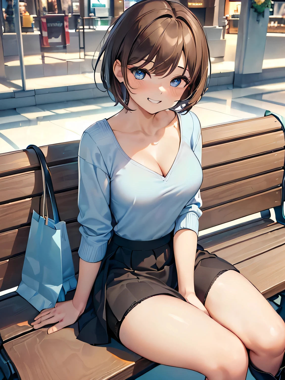 [[cross your legs]]、[[raise your legs]]、[[片raise your legs]]、[[knee high boots]]、[[knee high socks]]、[[pleated skirt]]、[[Knee stockings]]、[[knee high stockings]]、
there is one woman、(The skirt is too short and you can see my pants.:1.8)、
(A woman is sitting with her legs out in front of her, but her knees are stuck together.:1.8), (Please show the composition as seen from the front..:1.5)、(Both feet are on the floor:1.8)、
(I&#39;A man wearing a white long-sleeved V-neck knit:1.u can almost see her cleavage from the V-neck:1.5)、(The skirt is a super tight miniskirt:1.8)、(She wears long, slender black boots of the same shape on both her left and right sides..:1.8)、
(The pants are light blue and have a flashy pattern..:1.2)、
(woman has short brown hair:1.5), shining eyes, (A provocative grin:1.5),
(The location is a high bench in a shopping mall..:1.8)、
highest quality, High resolution, realistic pictures, realistic skin,