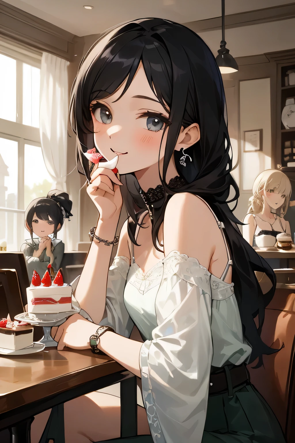 highest quality、High resolution、detailed background、Beautiful and dense face、beautiful and smooth skin、skin texture、cute10代の美少女、(three women)、realistic:1.2、perfect body line、black hair braided ponytail、Calm atmosphere、
happy look、smile、laughter、sexual expression、Upper body、Tea time at the cafe、(Three beautiful girls enjoy cakes and sweets while chatting in a cute cafe.:1.5)、
Choose white or pastel colors for lace tops and flared skirts..、sandals or heels、
If the lace top is transparent, You can wear it elegantly even when layered with an inner camisole..、
Choose a lace blouse in a soft color and add feminine movement with a pleated skirt.、
Adding lace to the sleeves and collar of the blouse makes it even more cute.、
Choose a colorful lace camisole、Add elegance with a midi skirt、cute、Simple and elegant pearl earrings、delicate chain necklace、
A watch that gives an elegant and sophisticated impression、It is a good idea to choose a design that matches your taste and clothing..、leather belt, metal belt、
A simple bracelet that looks great on your wrist、Thin chain and simple design、thin ring on fingertip、Pay attention to proper balance and layering、cute