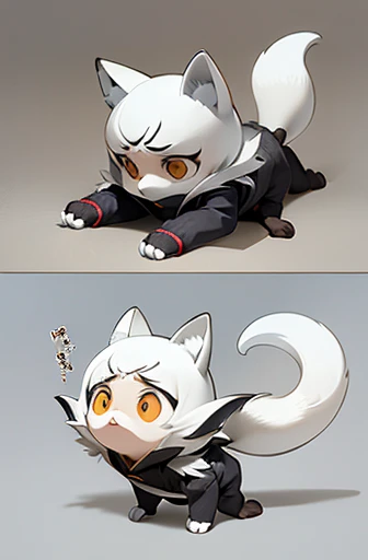 (((Animals,white monster, An illustration, Chibi))), (Sad face, Animals, fox head, wolf carcass, owl back wing, tail snake, four legs)