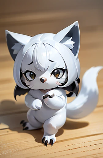 (((Animals,white monster, An illustration, Chibi))), (Sad face, Animals, fox head, wolf carcass, owl back wing, tail snake, four legs), 