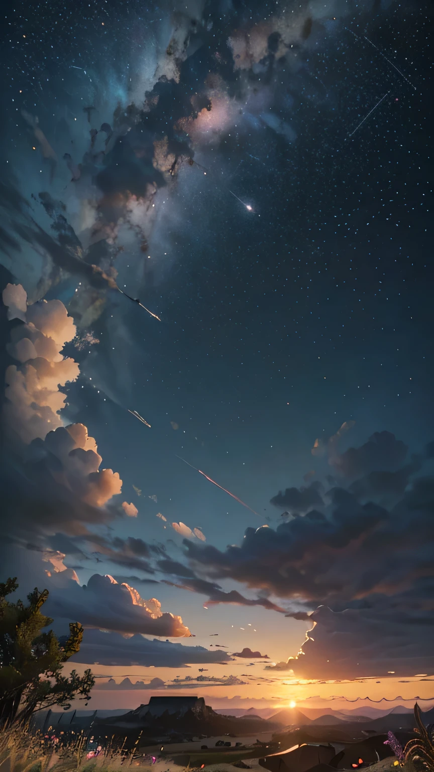 view from below with a view of the sky and the wilderness below, tree, cloud, scenery, outdoors, grass, sunset, star \(sky\), flower, starry sky, cloudy sky, no humans, 1girl, solo, twilight, nature, wind, masterpiece, best quality, very aesthetic, absurdres,