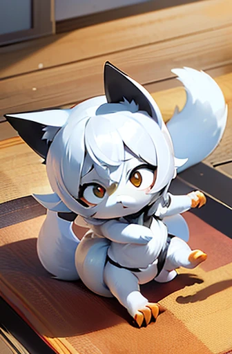 (((Animals,white monster, An illustration, Chibi))), (Sad face, Animals, fox head, wolf carcass, owl back wing, tail snake, four legs)