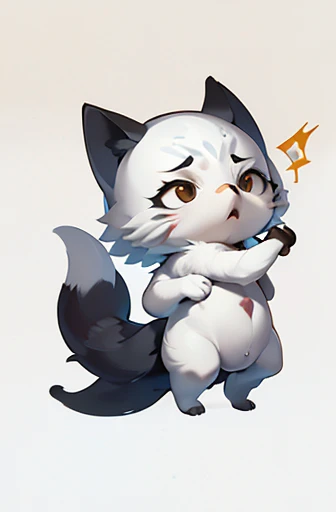 (((Animals,white monster, An illustration, Chibi))), (Sad face, Animals, fox head, wolf carcass, owl back wing, tail snake, four legs)