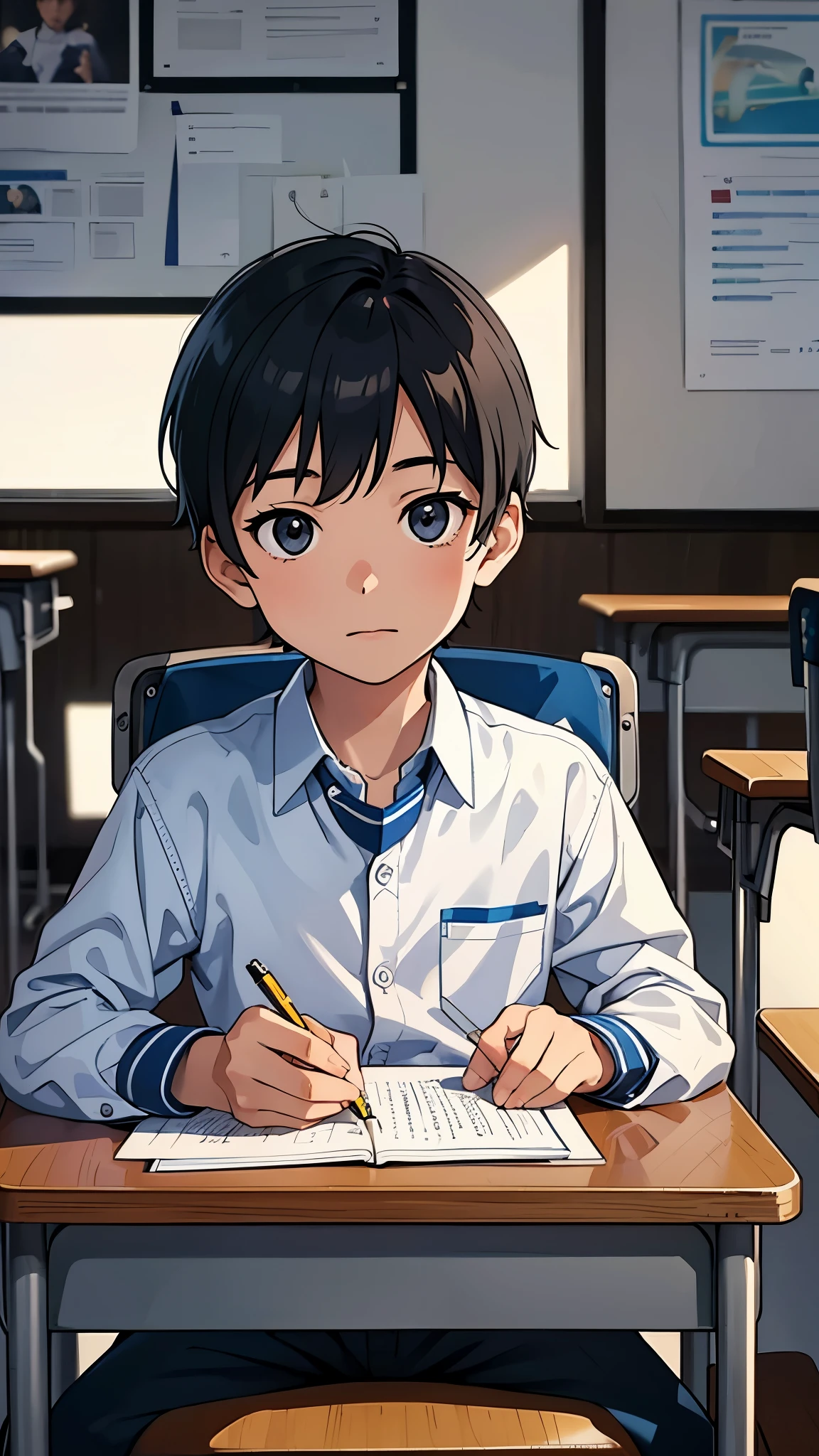 Scene: A young boy sitting at a desk in a classroom, holding a pencil and a sheet of paper. He has a determined expression on his face as he writes. Details: The classroom is brightly lit with posters on the walls depicting space and astronauts. The boy's desk is cluttered with books and school supplies