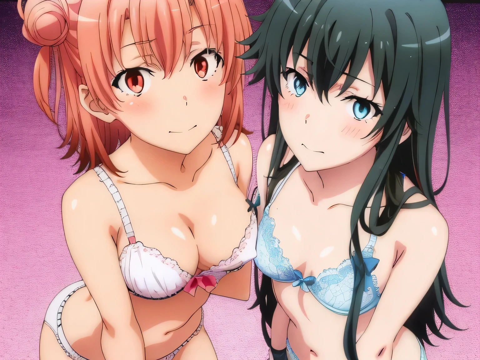 (2 girls ), (yuigahama yui is bust and ヒップライン are great),(Yukinoshita Yukino),In perverted underwear,they have their hands behind their backs,(Bra with nipple bulge line),Shiny bra,belly button,,(light pink lace panties:1.0),(white panties:1.0),Ribbon on panties,The line of the pussy,(thighs),knees,((high angle:1.0)),(beautiful eyes),look at the camera,blush,troubled face,Insert your head