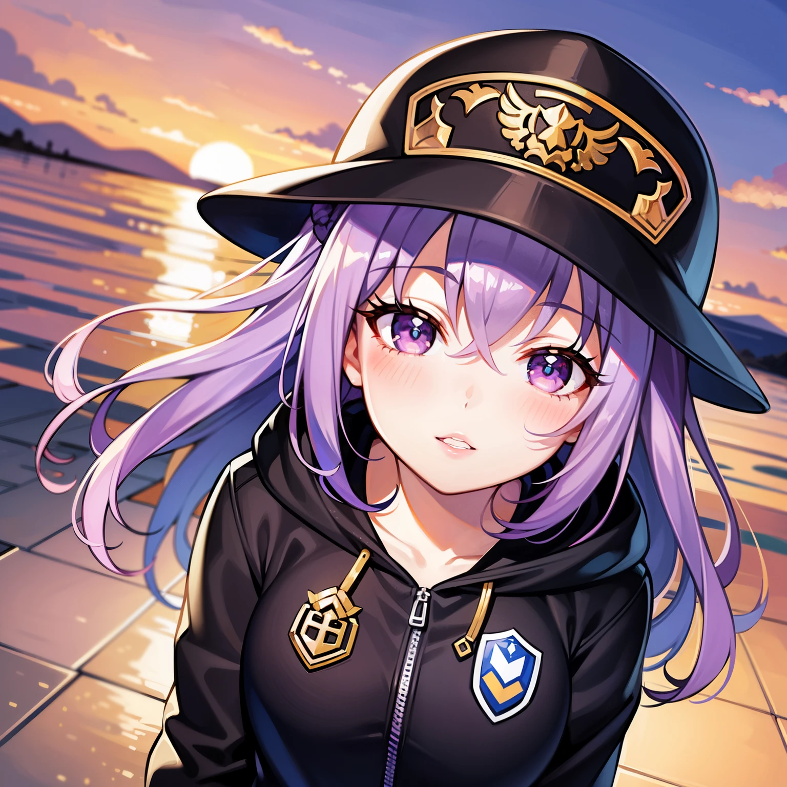 ((1girl, solo)), purple hair, long hair, purple eyes, grey, +_+, long sleeves, smile, (((parted lips))), hood down, (badge on hat), symbol-shaped pupils, looking at viewer, details eyes, absurdres, half body, ((sunset)), top view, (day time, sunny)