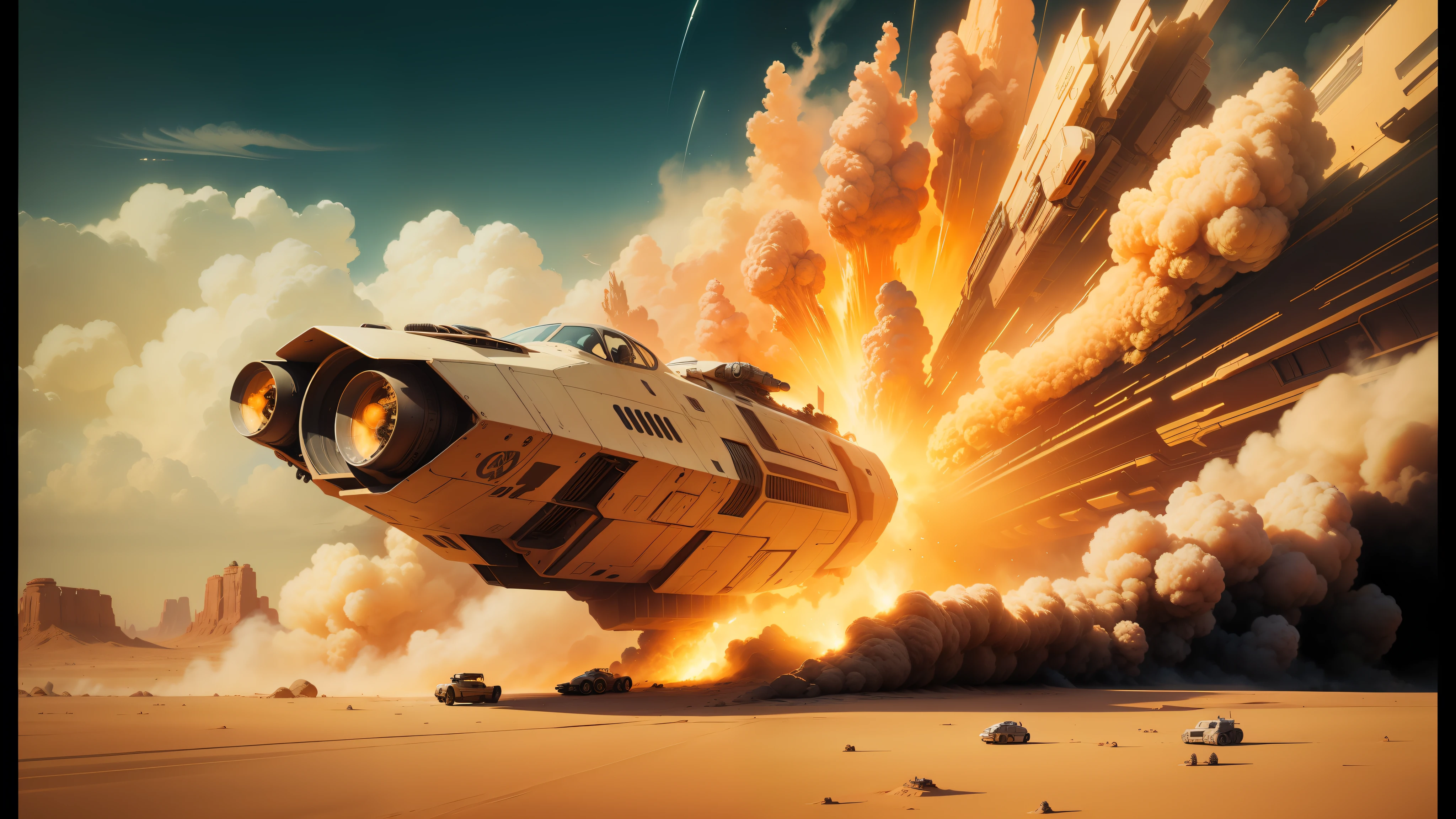 spaceship in the desert with a huge smoke explosion coming out of it, Destacado en dribbble, por Jason Edmiston, Nave espacial estrellada!!, cinemascope, arte digital de tendencia, La oruga, Cimitarra, demolition, don davis, contrabandista, 1/100 shutter speed, arte digital H 9 6 0, falcon --ar 16:9 --auto --s2