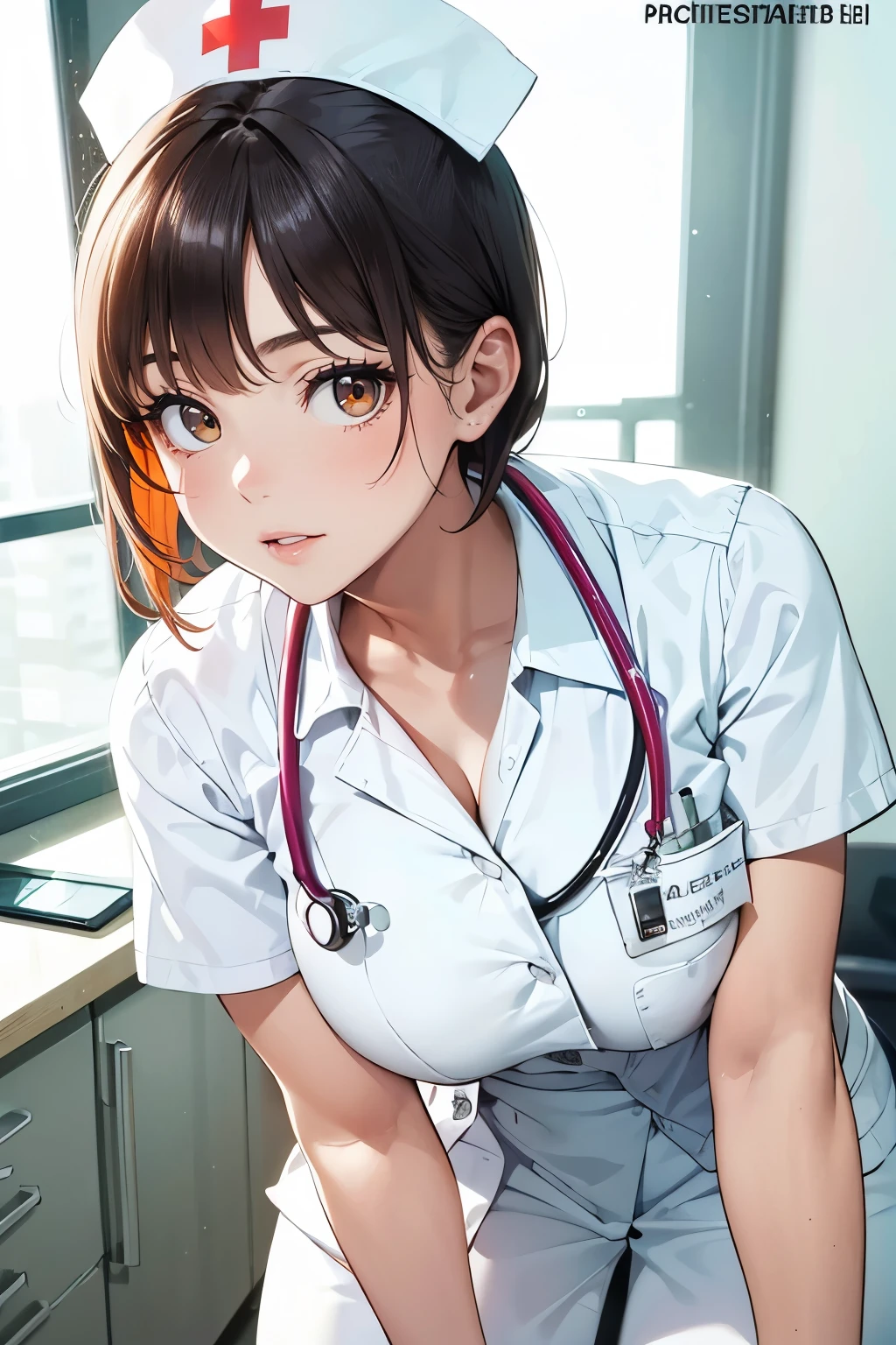 Lady wearing white posing for photo, Nurse girl, Nurse, Use a stethoscope, Wearing a lab coat and shirt, Nurse costume, medical staff, large breasts, large , biggest breast, huge breast, Thin waist and thick hips, hourglass figure, wide pelvis, The pelvis is very wide, Pelvis larger than shoulder blades, fitness model, rosy cheeks, Orange hair